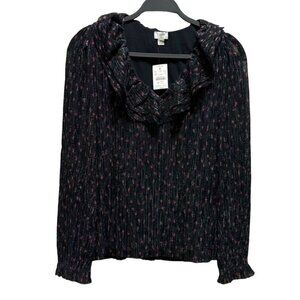 J.Crew Women's Shimmer Ruffle V-Neck Metallic Floral Blouse Size Medium Black